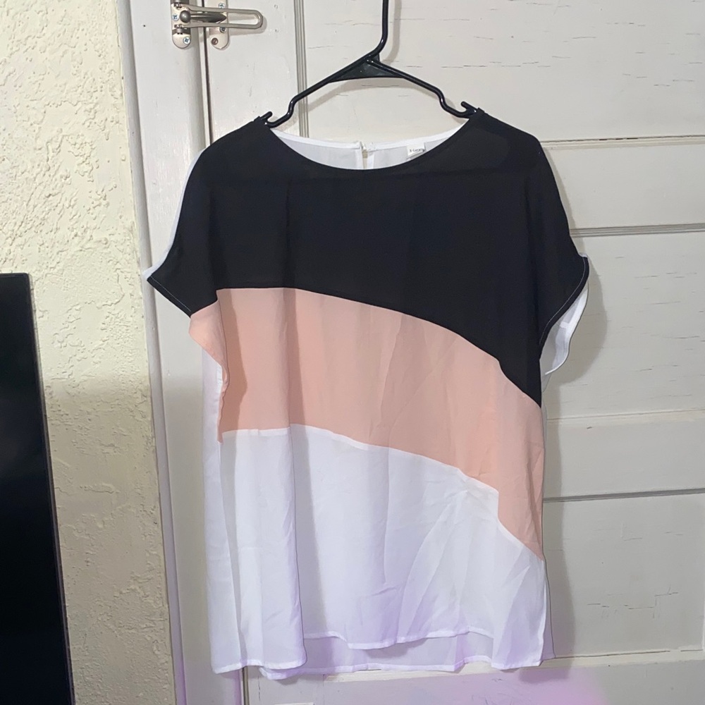 Colorblock Short-Sleeve Blouse - Black, Blush & White Size XL